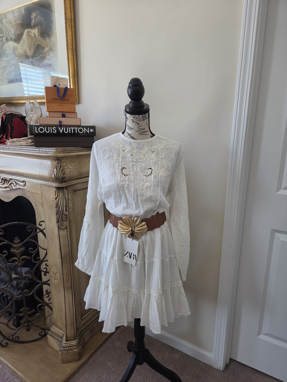 White Embroidered Tiered Mini Dress NOTE: Belt not Included